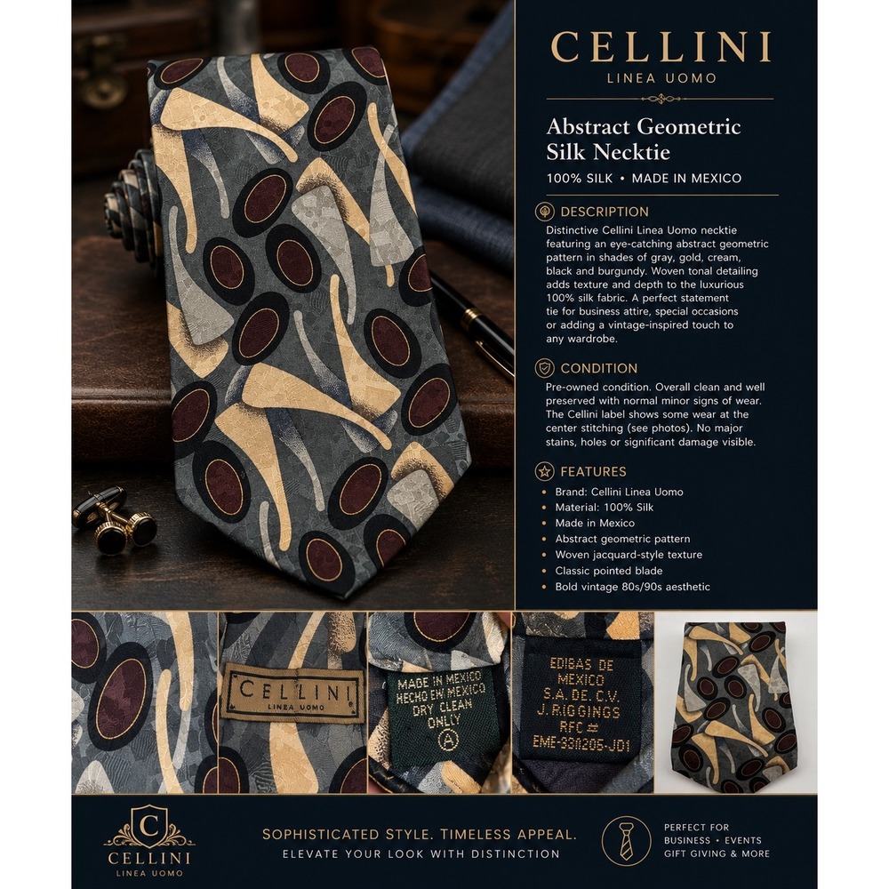 Cellini Linea Uomo Men's 100% Silk Necktie Abstract Geometric Gray Gold Burgundy